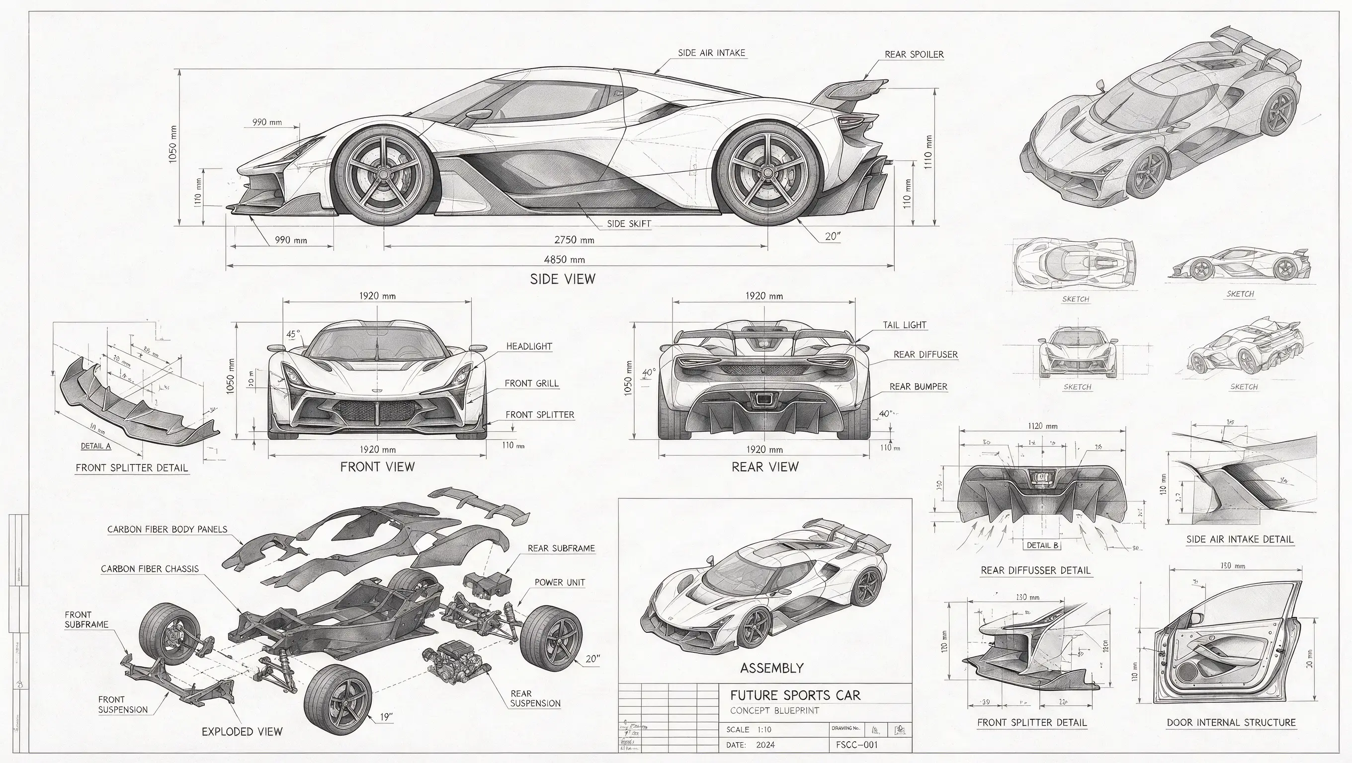 Wide-format sports car blueprint generated by Seedream