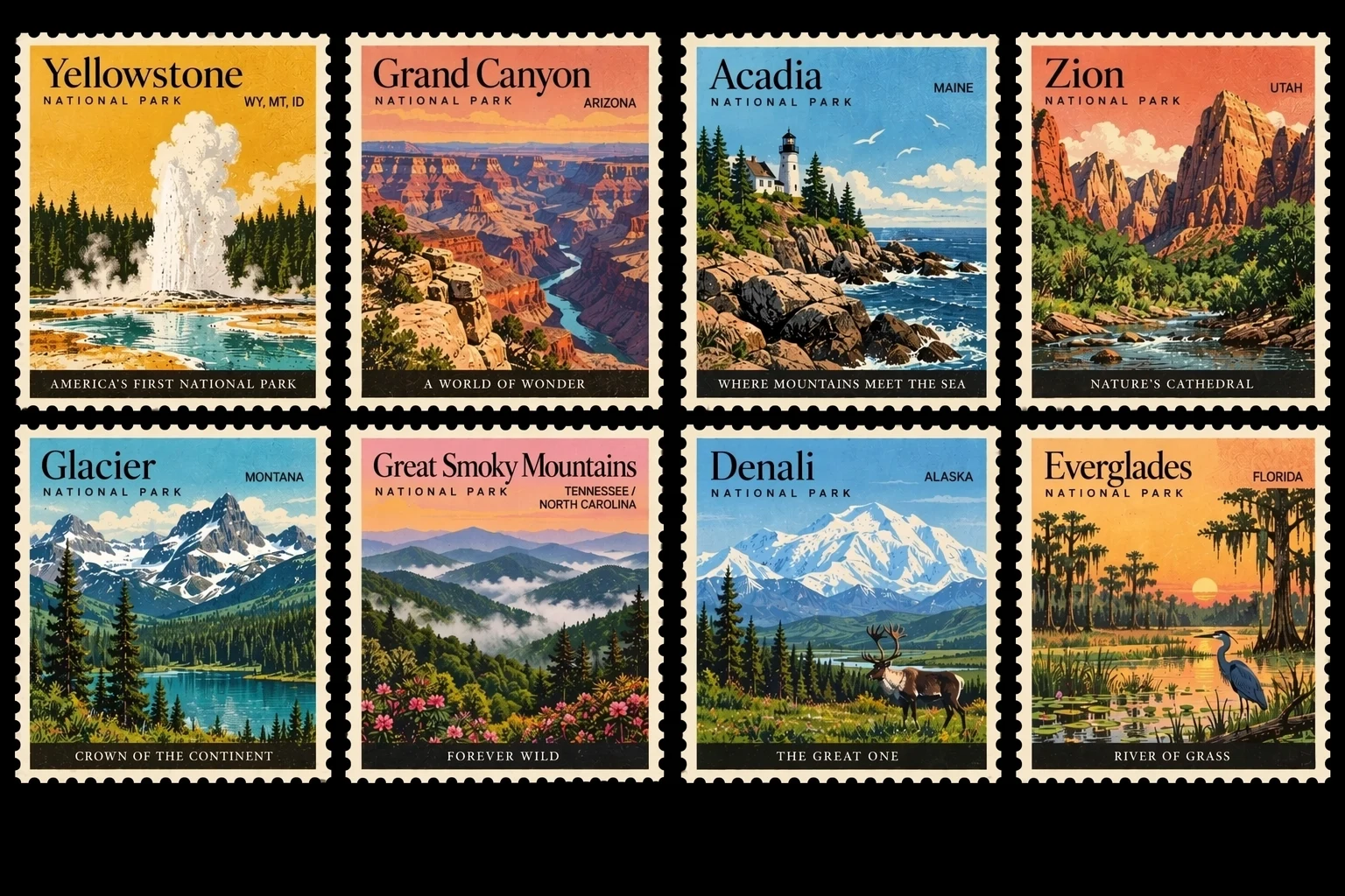 Series of vintage national park stamps from the GPT Image 2.5 family