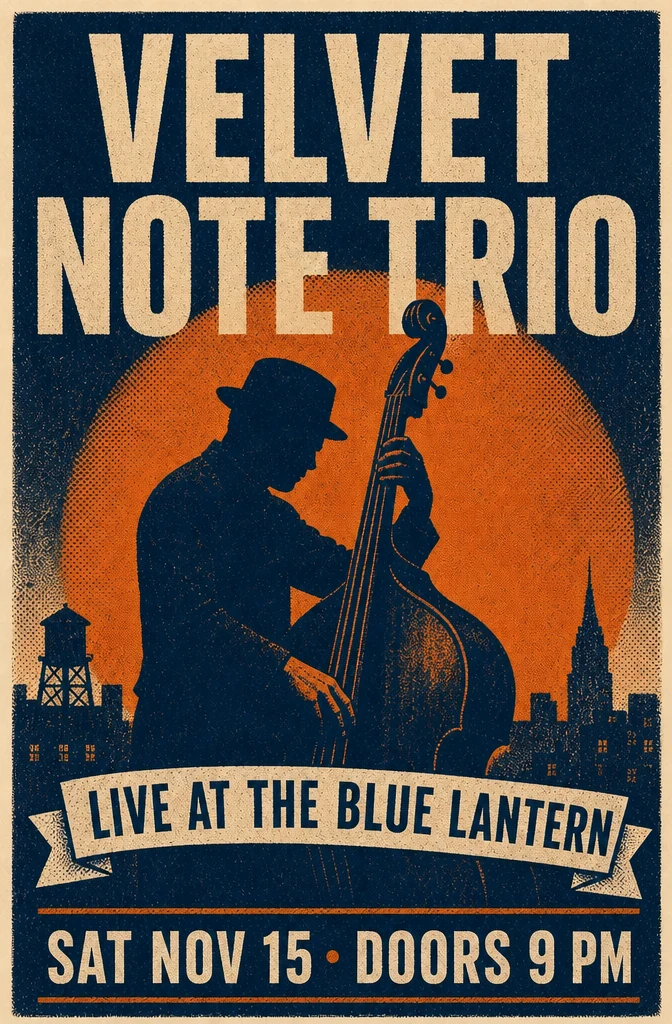 The same jazz poster with a fresh title, venue and date but untouched artwork and style