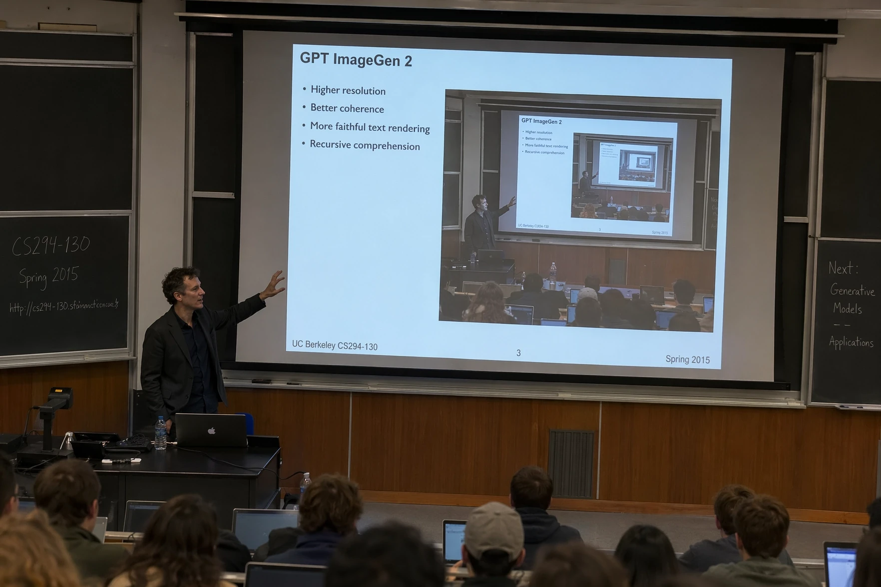 GPT Image 2 lecture hall with a readable slide that repeats the scene