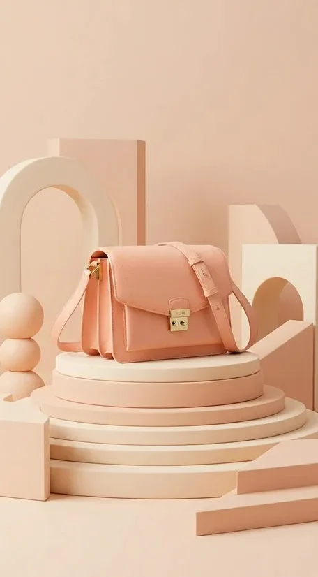 Nano Banana 2.1 result showing the same peach shoulder bag on a tiered cream pedestal among geometric shapes