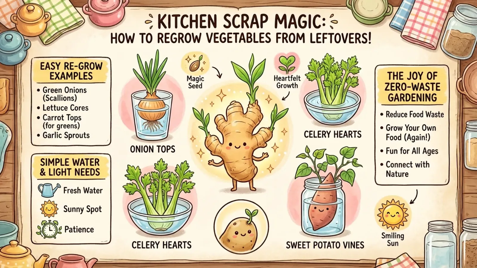 Official Nano Banana 2.1 illustrated guide to regrowing vegetables from kitchen scraps