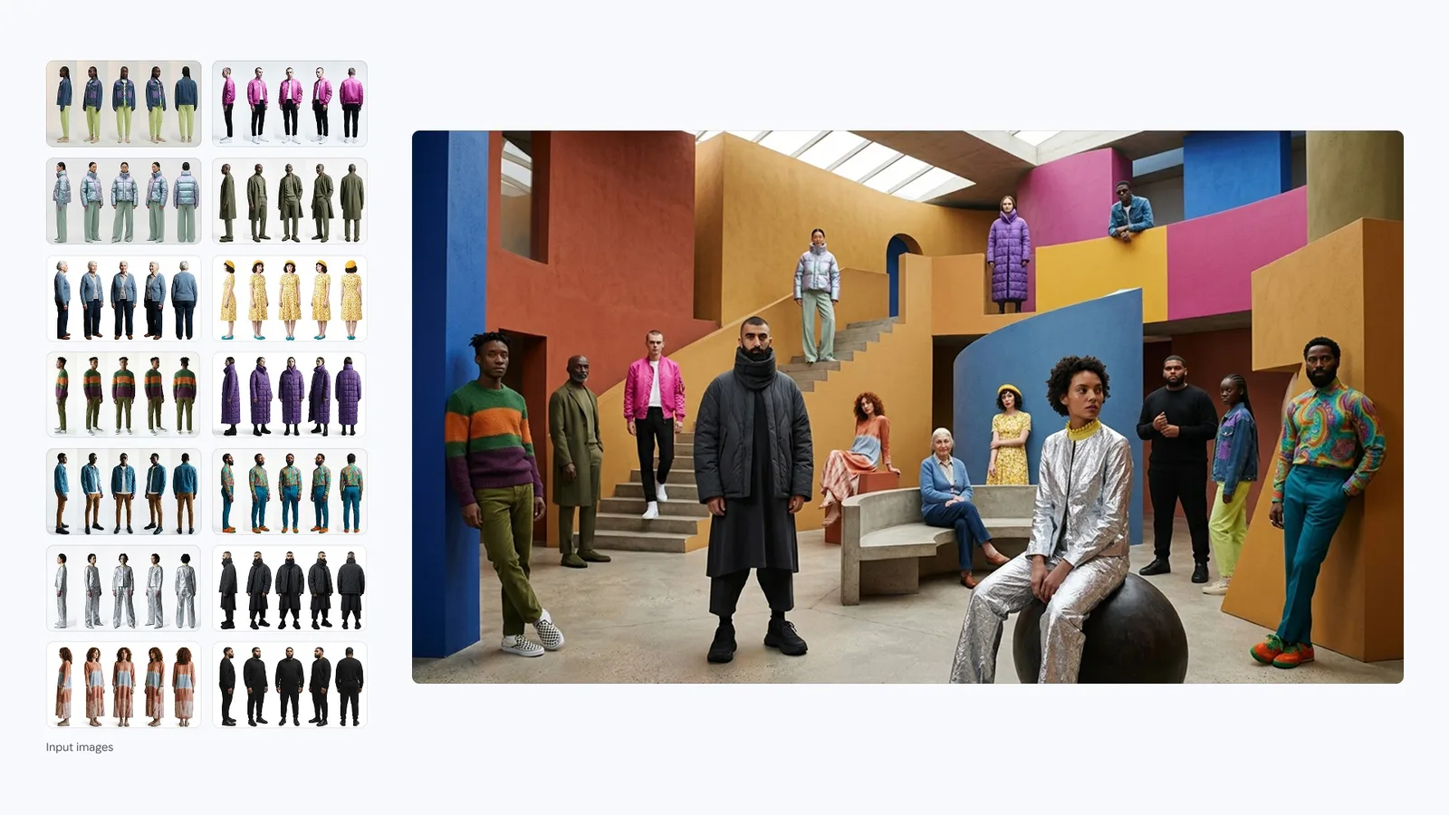 Official Nano Banana 2.1 sample staging models from a reference outfit grid inside a single geometric set