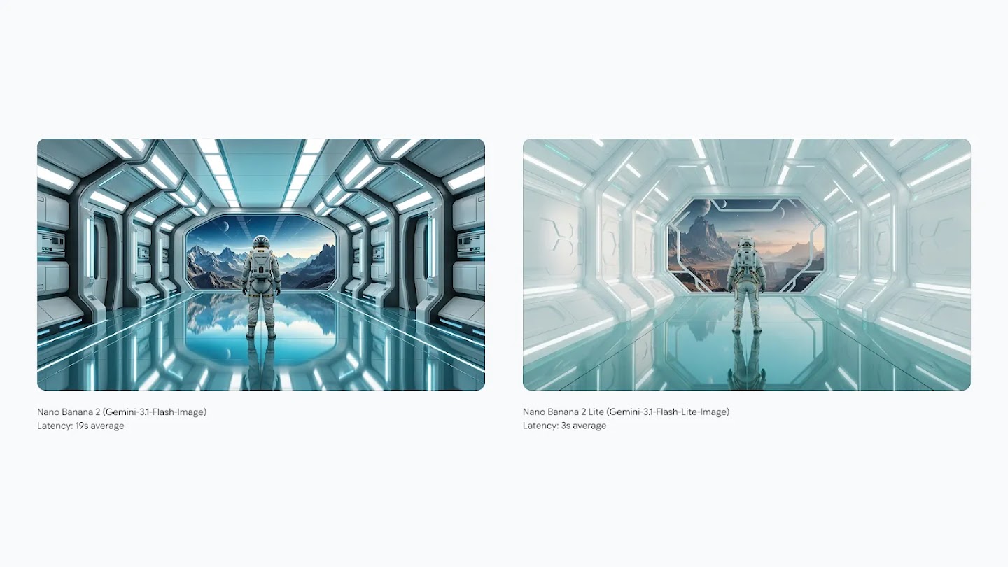 Official Google DeepMind comparison, Nano Banana 2 versus Nano Banana 2 Lite: an astronaut walking down a futuristic corridor.