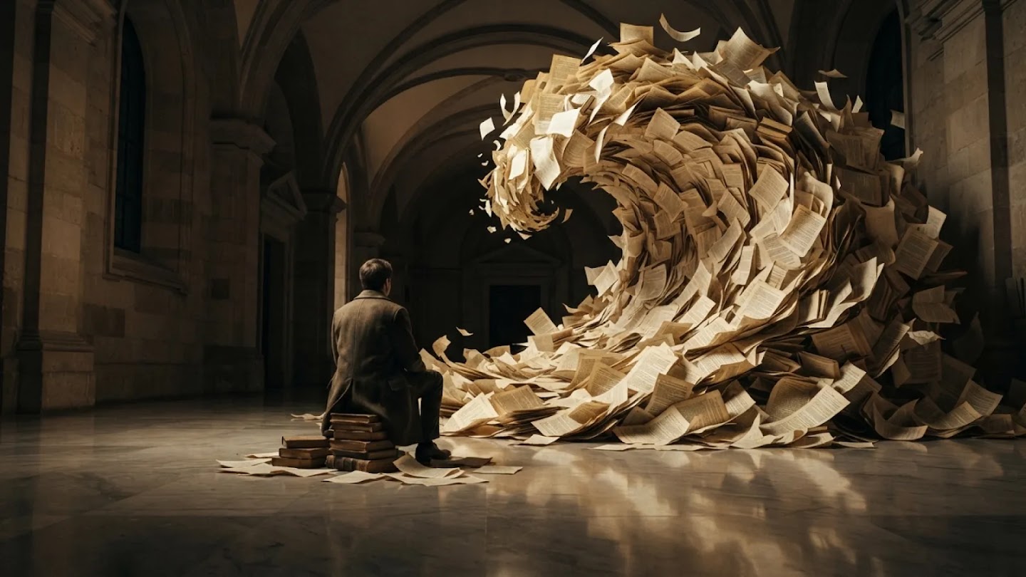 Official Google DeepMind Nano Banana 2 Lite sample: a man perched on a stack of books facing a huge wave of flying paper in a vaulted hall.