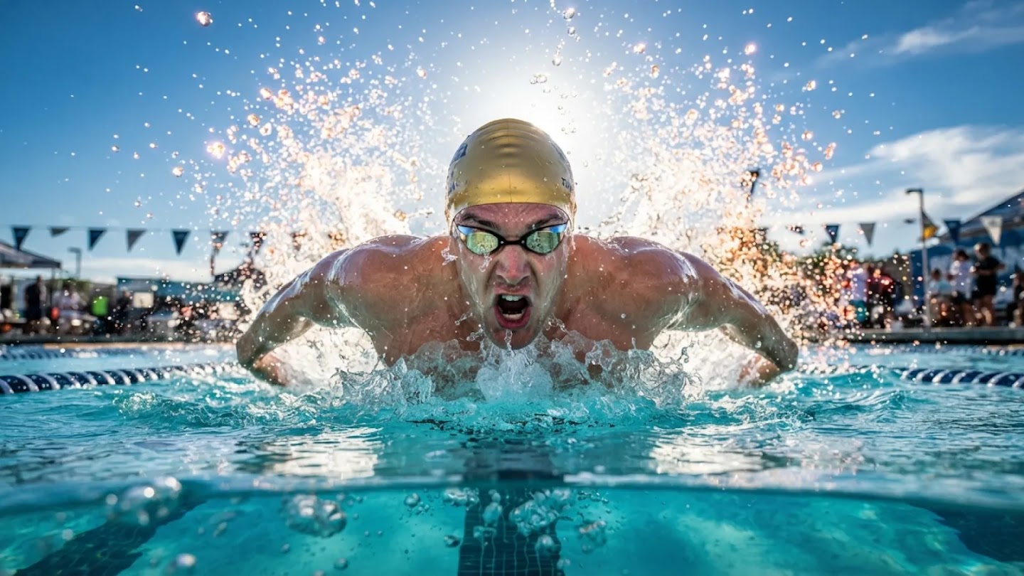 Official Google DeepMind Nano Banana 2 Lite sample: a butterfly-stroke swimmer wearing a gold cap amid dramatic spray.
