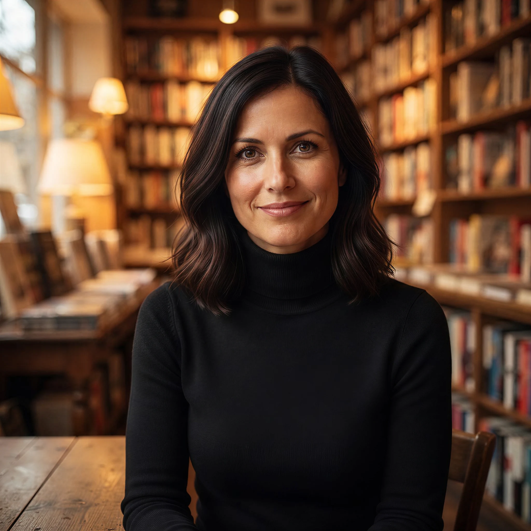 Nano Banana 2 result: the same woman, now wearing a black turtleneck in a cosy bookshop