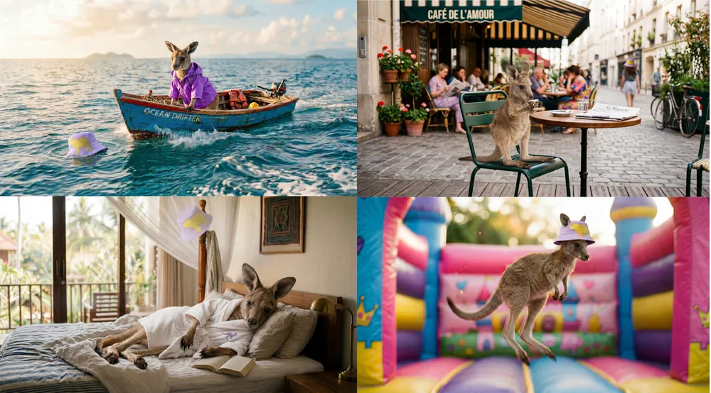 Official Nano Banana 2 four-frame holiday story starring a kangaroo