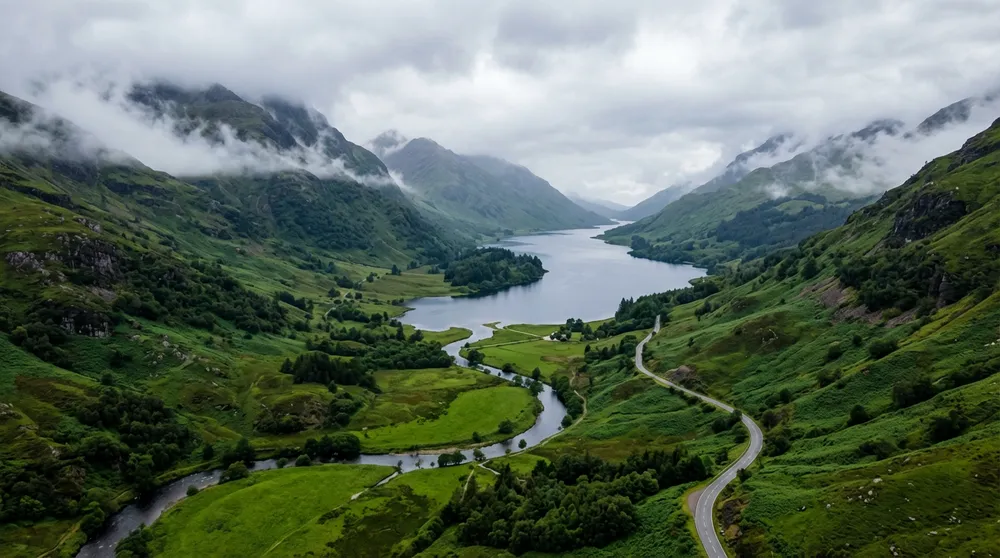 Official Nano Banana 2 drone view over a foggy valley, a curving road and a dark lake