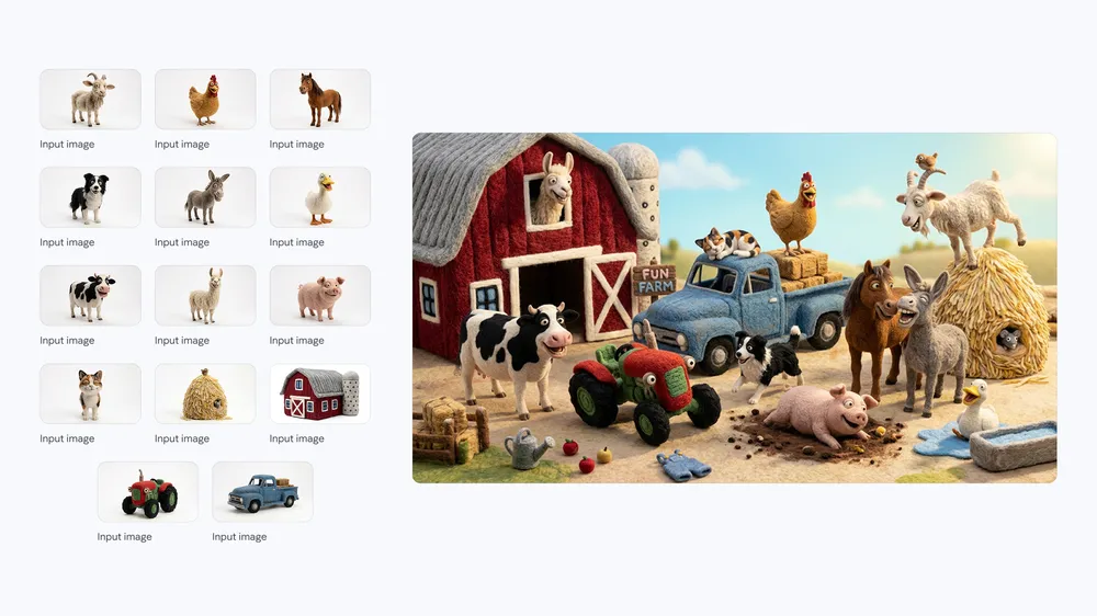 Official Nano Banana 2 farmyard with fourteen characters and props kept consistent