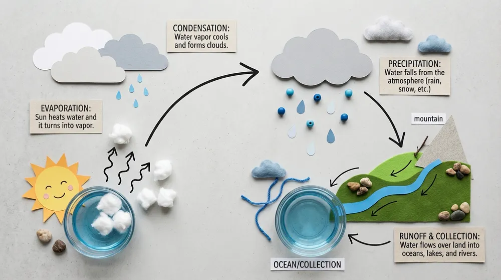 Official Nano Banana 2 tabletop water-cycle infographic drawn with arrows