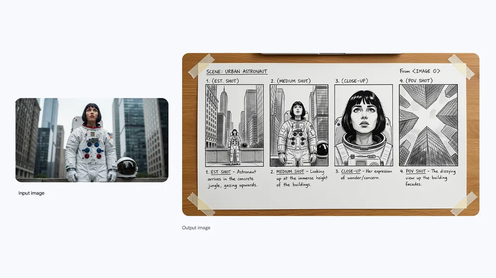 Official Nano Banana Pro Urban Astronaut storyboard in four panels