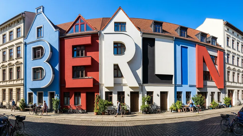 Official Nano Banana Pro Berlin street where the building fronts quietly spell BERLIN