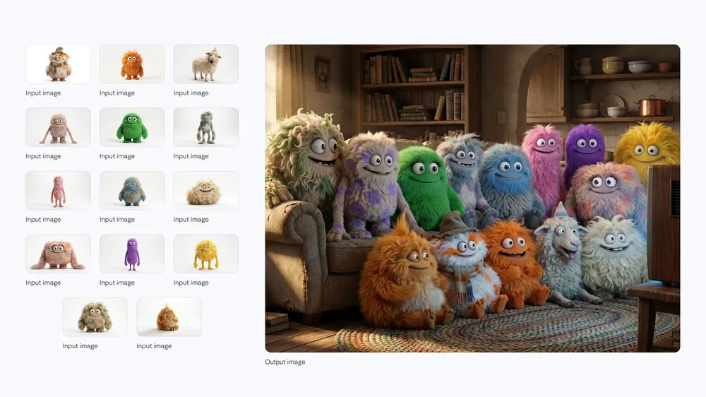 Official Nano Banana Pro scene of fourteen distinct fluffy characters watching TV